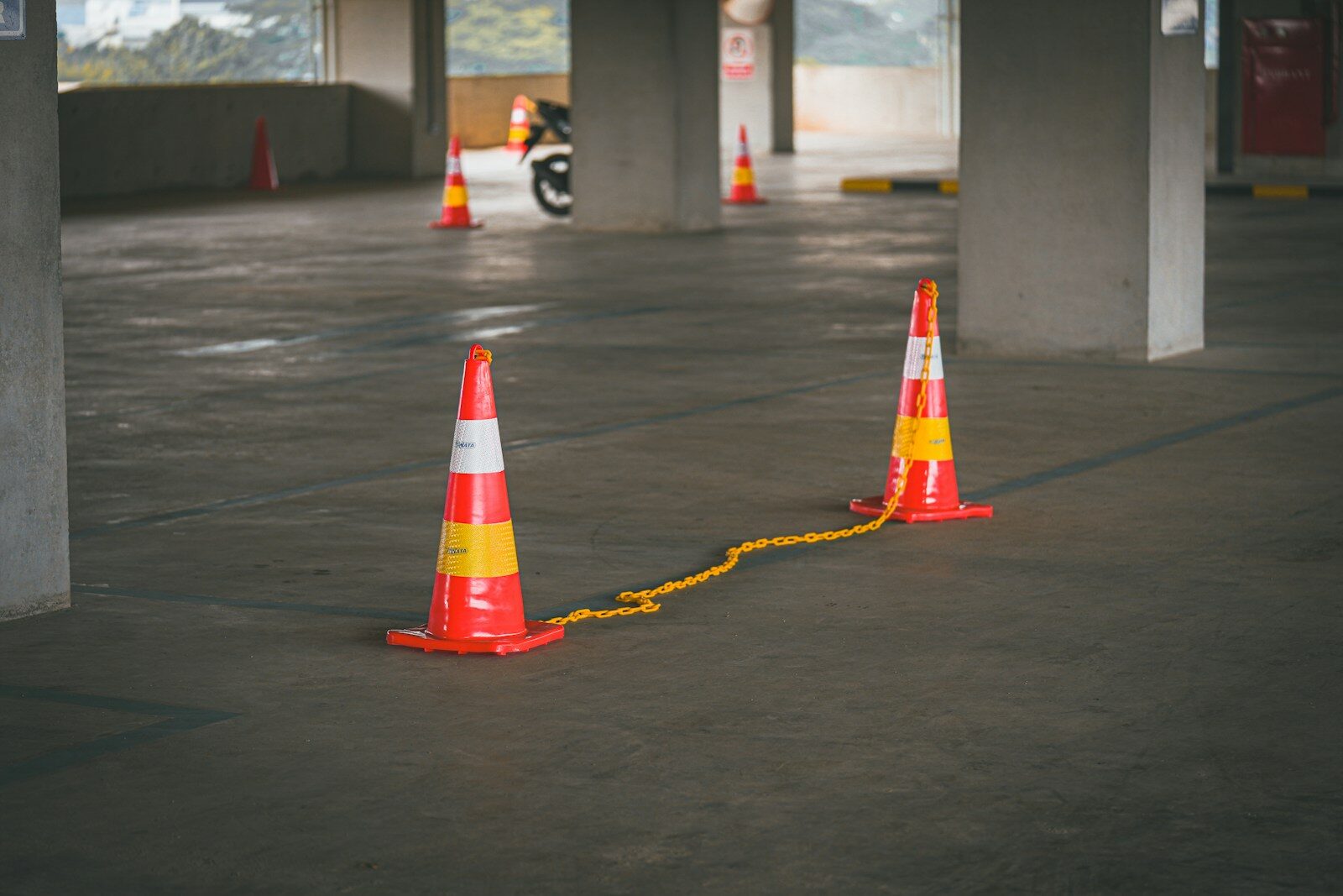 Orange traffic cones block off an area